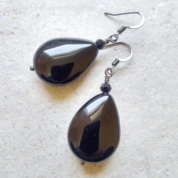 Heavy Black Agate Teardrop Statement Earrings Minimalist Grief Evening Wear Goth - Picture 2 of 9